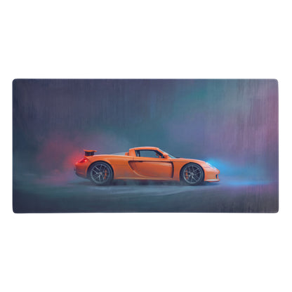 Porsche carrera gt inspired sunset orange desk mat featuring vibrant orange porsche carrera gt with glowing light effects