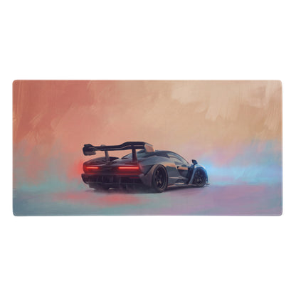 McLaren Senna inspired stealth edition desk pad with dark gray sports car art and extended non slip rubber base