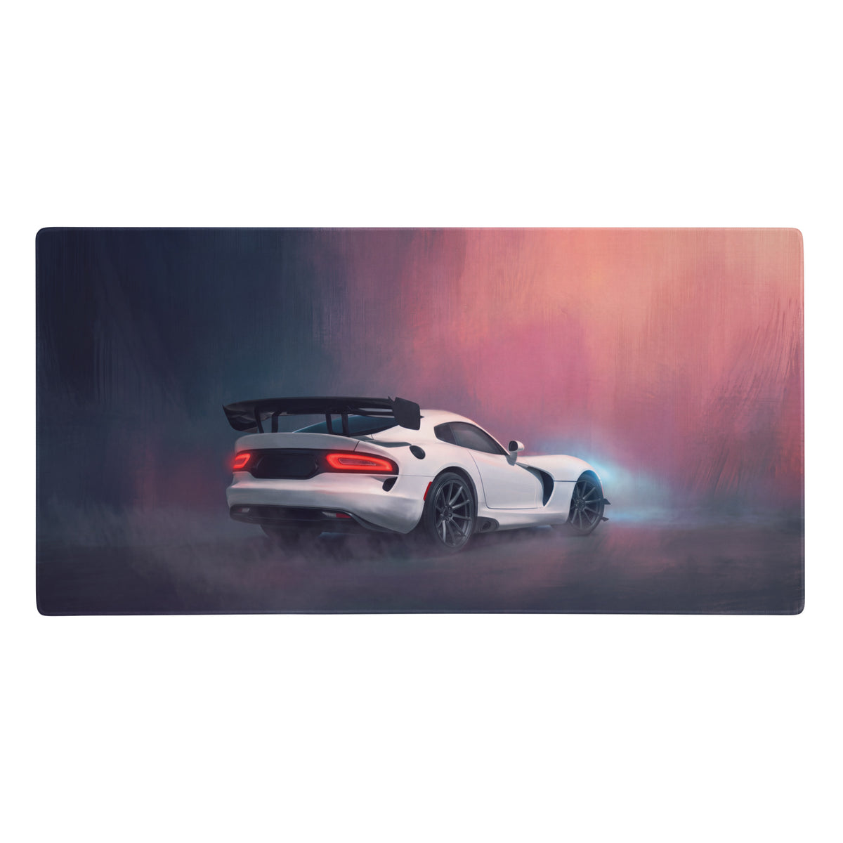 Dodge viper acr inspired pure white extended desk pad with black racing spoiler and red taillight design