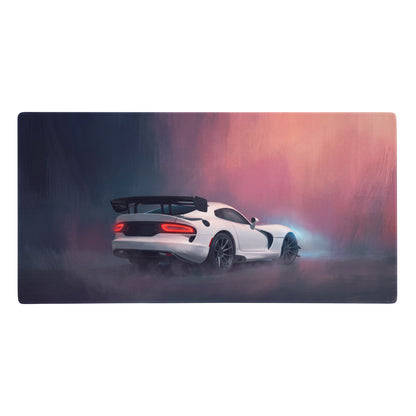 Dodge viper acr inspired pure white extended desk pad with black racing spoiler and red taillight design