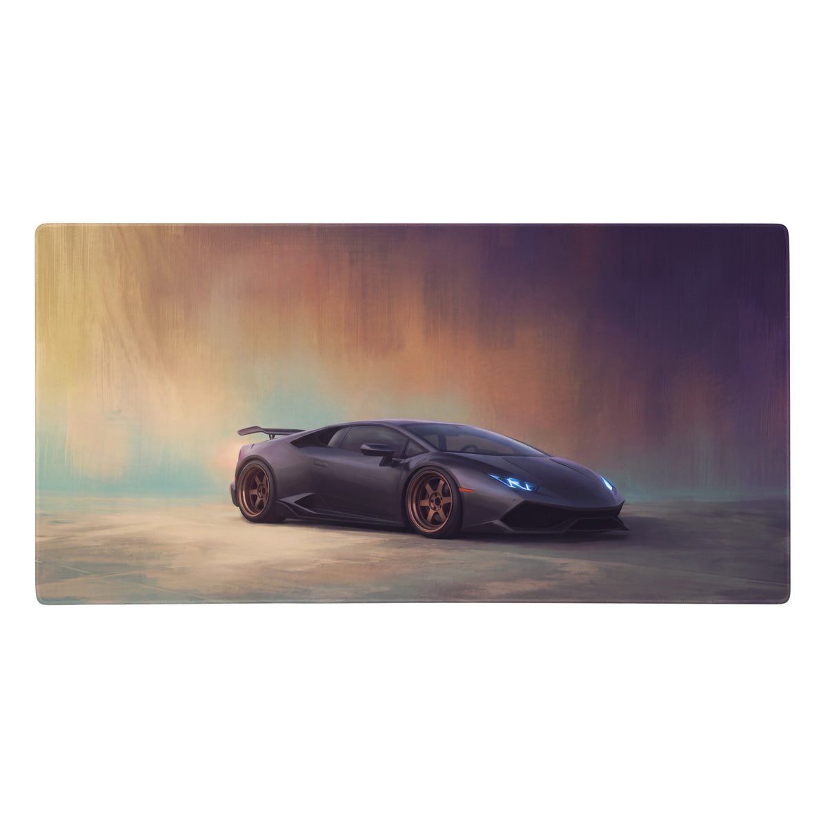 Black lamborghini huracán inspired matte graphite desk mat with glowing blue headlights and bronze alloy wheels design