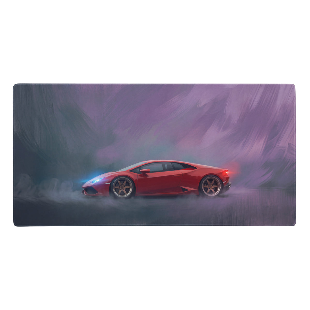 Red lamborghini huracán inspired rosso edition stitched edge xl gaming mouse mat with glowing accents and smoky purple backdrop