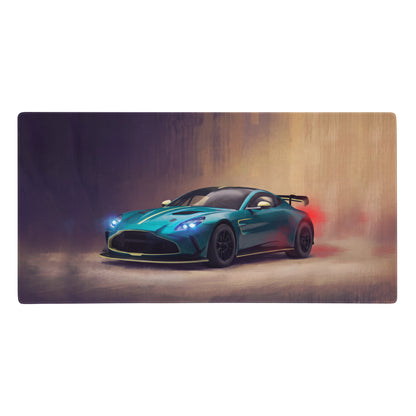 Vibrant teal aston martin v12 vanquish zagato racing car illustration on aston martin vantage inspired racing green desk pad with non-slip rubber base