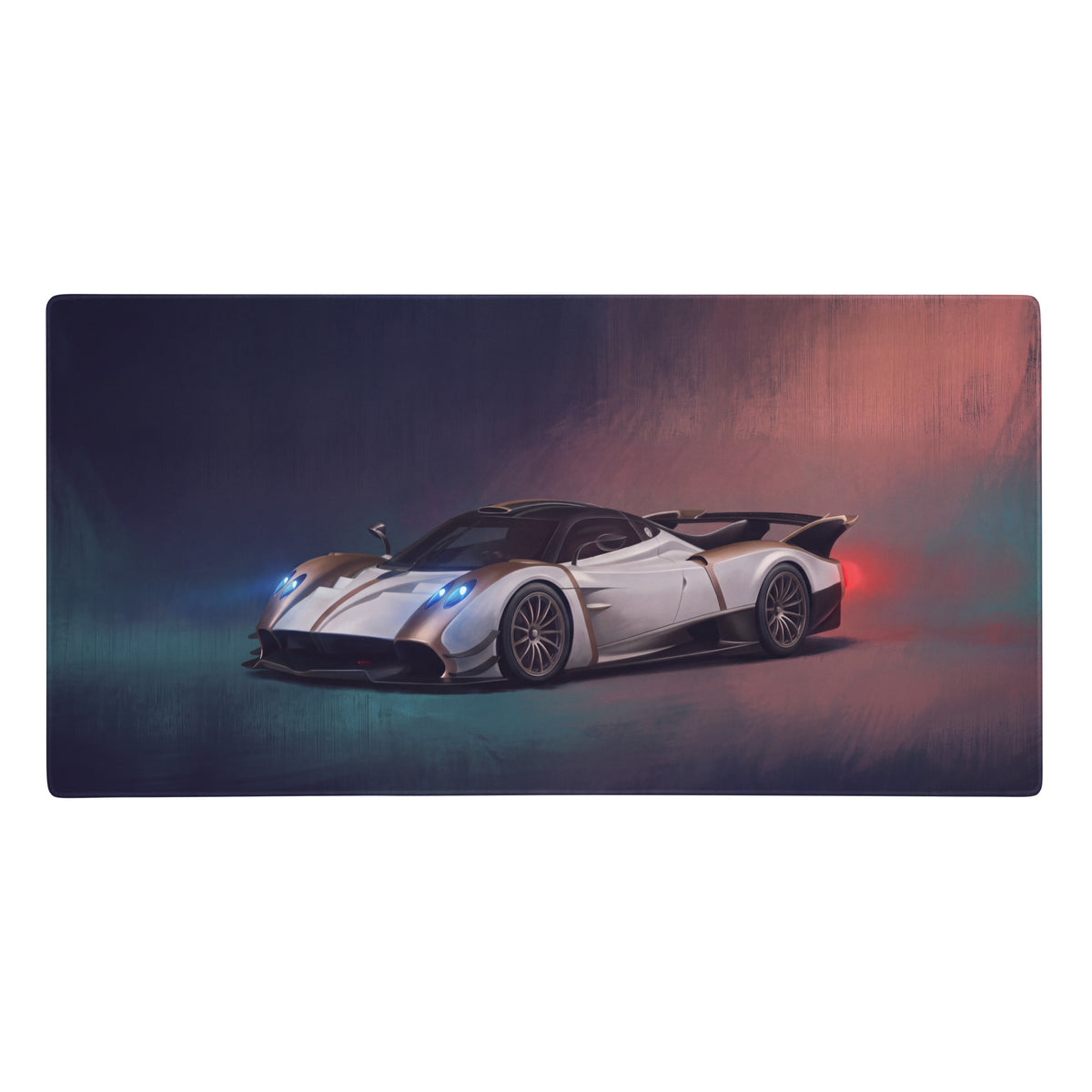 White and black Pagani Huayra supercar illustration on a gold accent stitched edge gaming mousepad desk mat