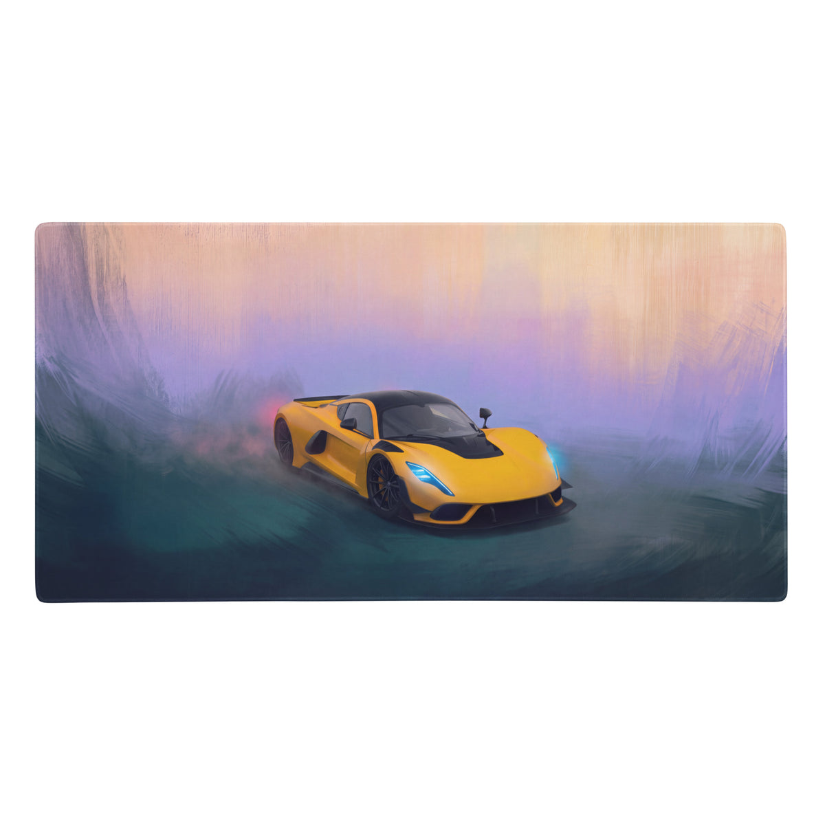 Hennessey Venom F5 inspired solar yellow desk mat with vibrant yellow and black sports car design on high-DPI micro-weave surface