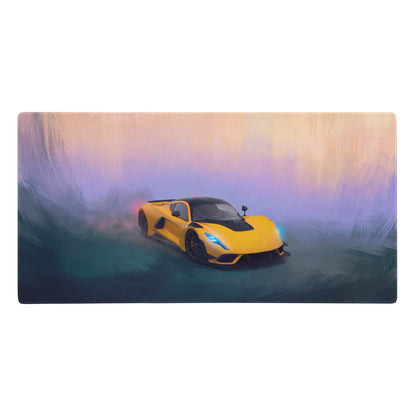 Hennessey Venom F5 inspired solar yellow desk mat with vibrant yellow and black sports car design on high-DPI micro-weave surface
