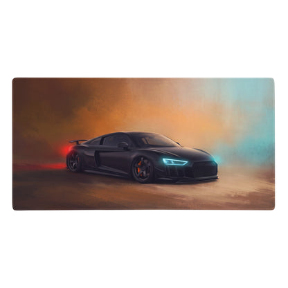 Black Audi R8 sports car with glowing blue headlights and red taillights on a stitched edge gaming mousepad