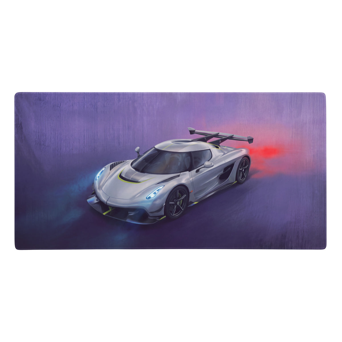Koenigsegg jesko inspired silver apex desk pad featuring a silver koenigsegg hypercar illustration on a smooth gaming mousepad