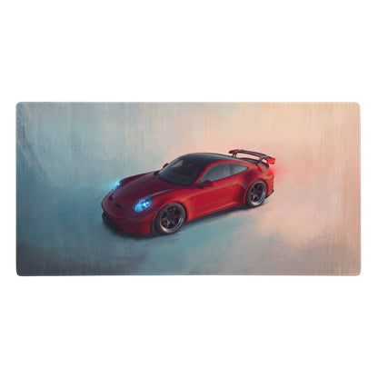 Red porsche 911 sports car illustration on crimson aerial desk mat low-friction gaming mousepad