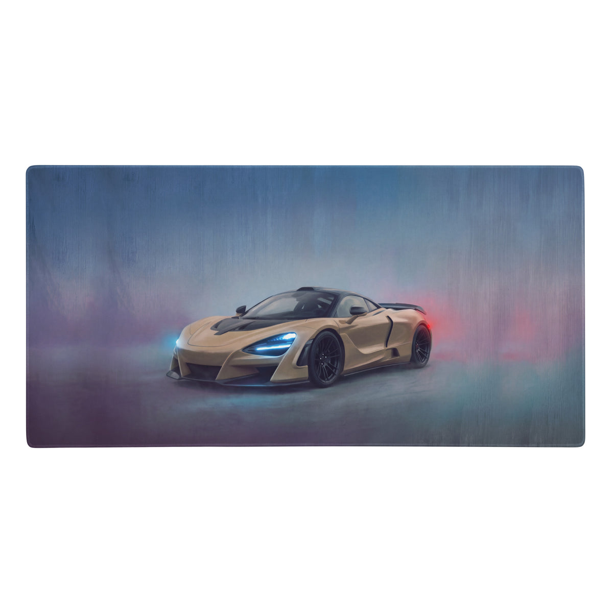 A sleek tan mclaren 720s inspired sahara gold gaming mousepad with glowing blue headlights and non-slip rubber base