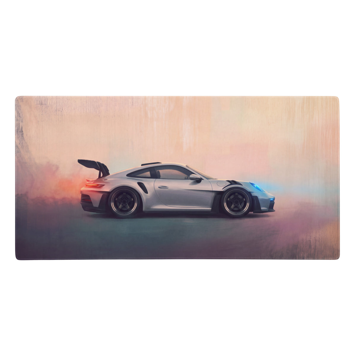 Silver porsche 911 gt3 rs sports car with black racing stripes and rear wing on stitched edge xl gaming mouse mat
