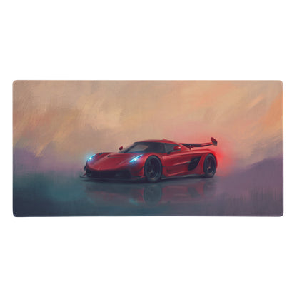 Red koenigsegg hypercar illustration on koenigsegg jesko inspired cherry red desk pad ultra-glide xl gaming mouse mat