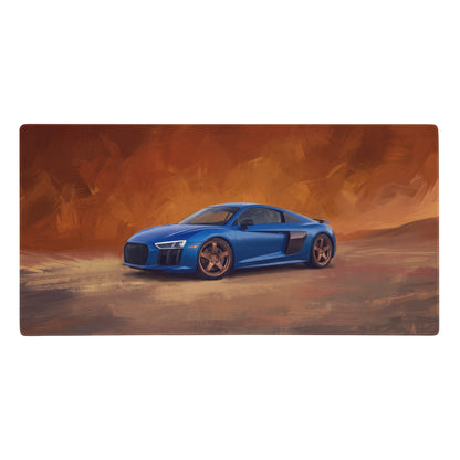 Blue audi r8 graphic printed on rectangular non slip rubber base desk pad in sepang blue xl mouse mat size