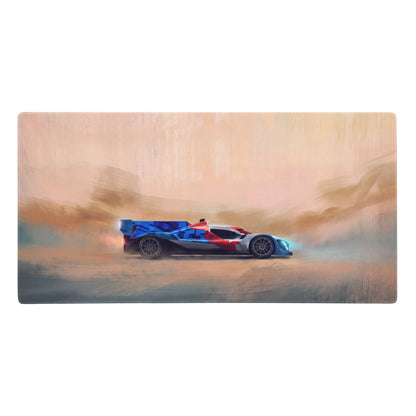 Bmw m hybrid v8 inspired art car desk mat featuring a sleek blue red and white racing car on a smooth tracking surface