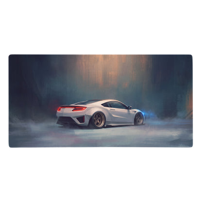 White Acura NSX inspired widebody pure edition desk pad with stylized car illustration and non-slip rubber base for gaming