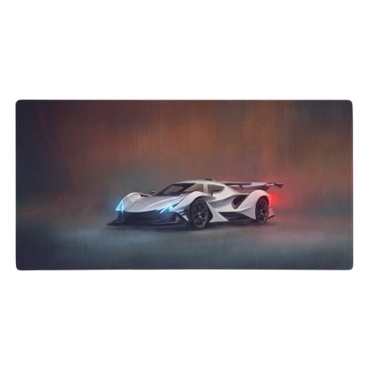 Apollo intensa emozione inspired hypercar desk pad with white and black futuristic sports car and glowing blue headlights