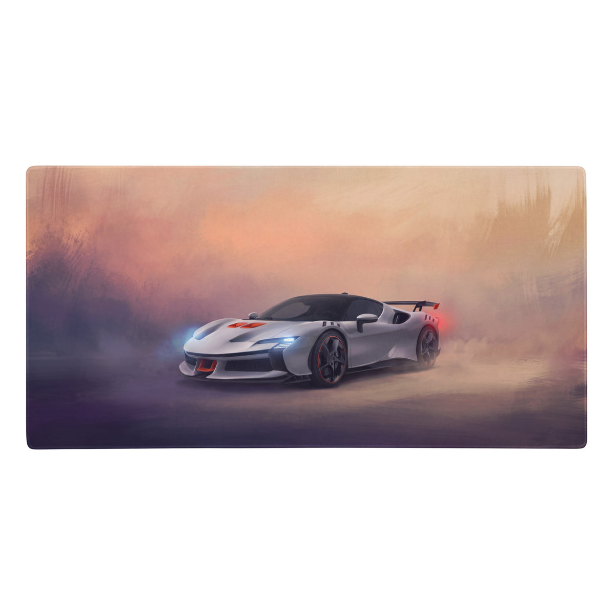 White ferrari sf90 xx stradale inspired track edition desk mat with black accents and glowing blue headlights drifting on cloth surface