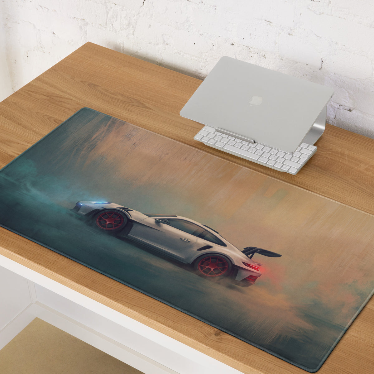 Porsche 911 GT3 RS Inspired Gaming Mouse Pad – Silver Sports Car with Red Wheels Desk Mat