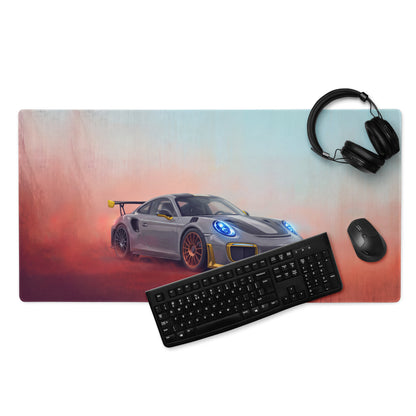 Porsche 911 GT3 RS Inspired Gaming Mouse Pad – Silver and Yellow Race Car Extended Desk Mat