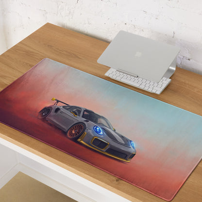 Porsche 911 GT3 RS Inspired Gaming Mouse Pad – Silver and Yellow Race Car Extended Desk Mat