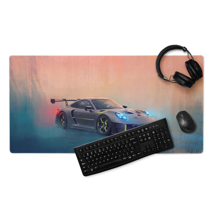 Porsche 911 GT3 RS Inspired Gaming Mouse Pad – Gray and Neon Yellow Race Car Extended Desk Mat