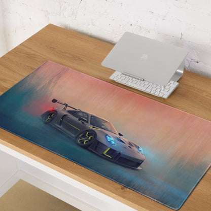 Porsche 911 GT3 RS Inspired Gaming Mouse Pad – Gray and Neon Yellow Race Car Extended Desk Mat