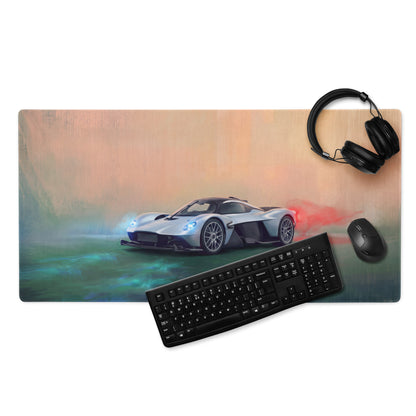 Silver and black sports car graphic printed on a low-friction rectangular desk mat inspired by aston martin valkyrie