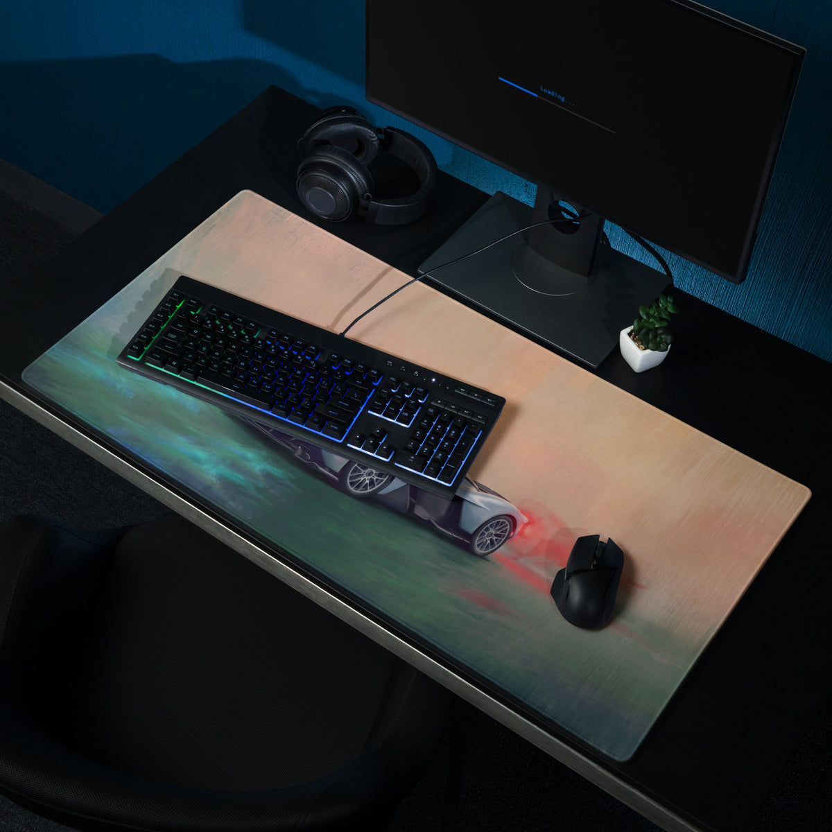 Aston Martin Valkyrie inspired aero edition low friction gaming mousepad with silver sports car and glowing red blue accents