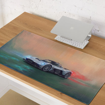 Aston Martin Valkyrie inspired aero edition desk mat featuring a silver and black sports car graphic with teal and red accents