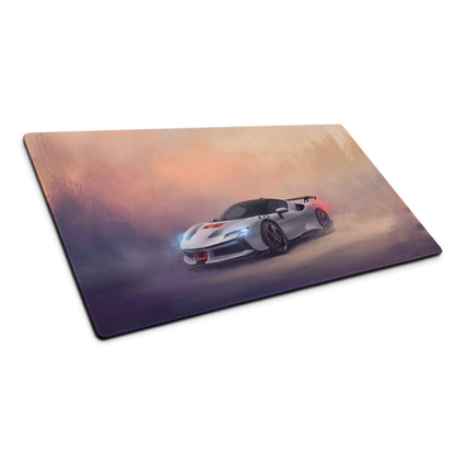 Premium cloth gaming mousepad with a silver and red Ferrari SF90 XX Stradale inspired sports car graphic print