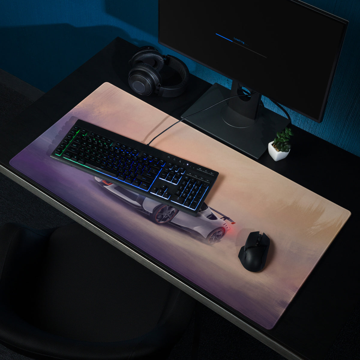 A sleek rectangular premium cloth gaming mousepad with a vibrant gradient and white Ferrari SF90 XX Stradale sports car design