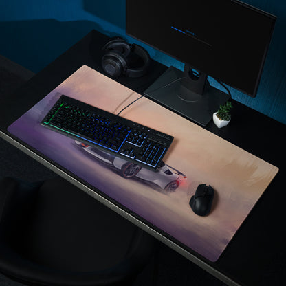 A sleek rectangular premium cloth gaming mousepad with a vibrant gradient and white Ferrari SF90 XX Stradale sports car design