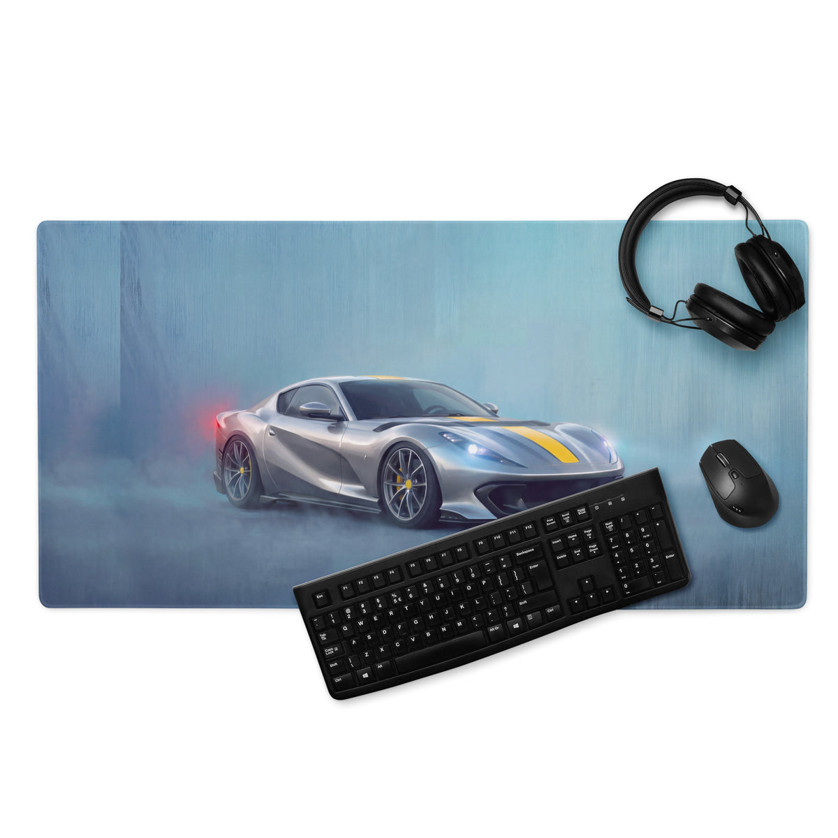 Silver and yellow Ferrari 812 Competizione inspired desk pad with sports car graphic non-slip extended mouse mat