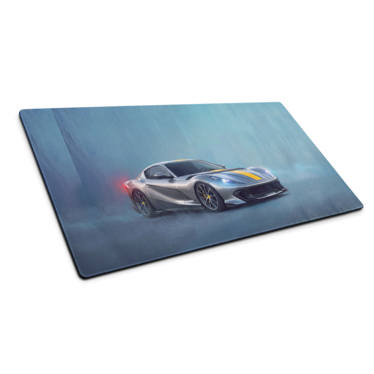 Silver and yellow Ferrari 812 Competizione inspired giallo extended non slip gaming mousepad with sports car graphic