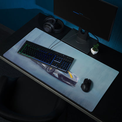 Light blue extended non-slip gaming mousepad featuring a silver and yellow Ferrari 812 Competizione sports car graphic