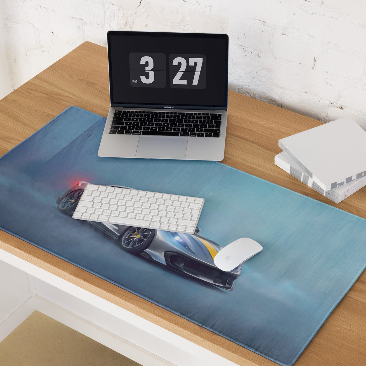 Blue racing car-themed extended non-slip pc mouse mat featuring sleek silver and yellow ferrari 812 competizione graphic
