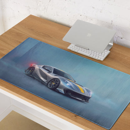 Blue extended non-slip pc mouse mat printed with silver and yellow Ferrari 812 Competizione inspired sports car graphic