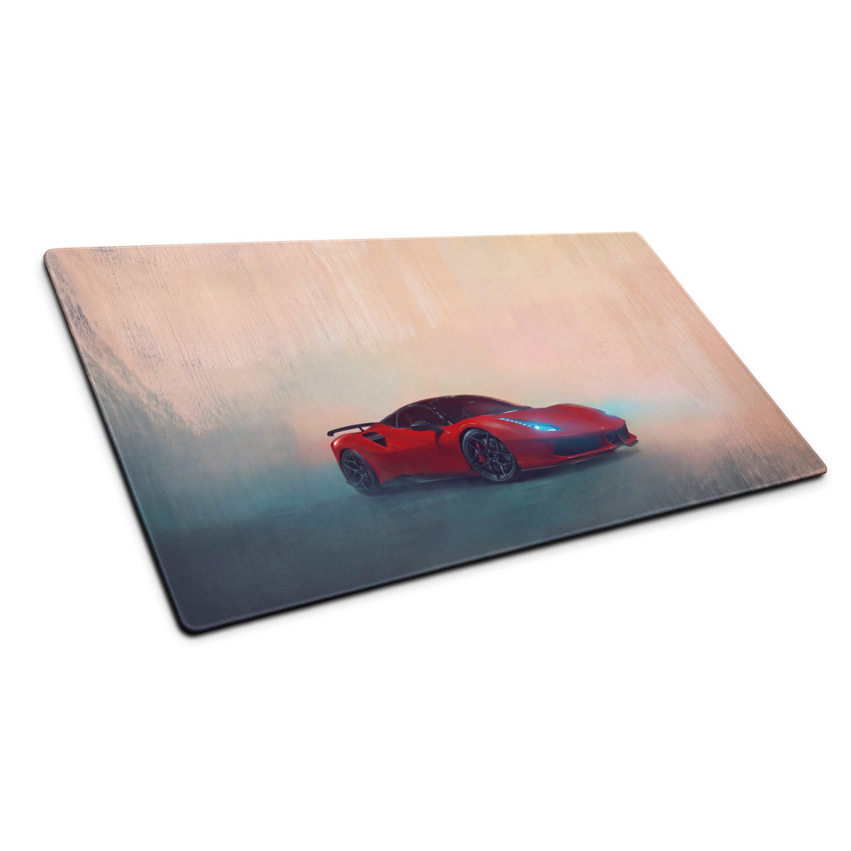 Ferrari 488 Pista inspired corsa edition desk pad featuring a red Ferrari sports car graphic on a smooth stitched mouse mat