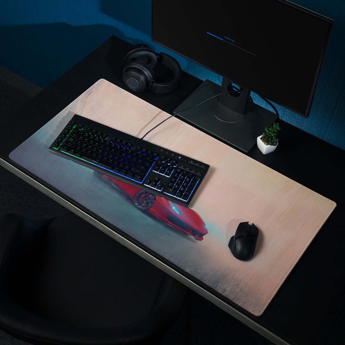 A sleek light wood finish gaming mousepad with a vibrant red Ferrari 488 Pista sports car and blue accents