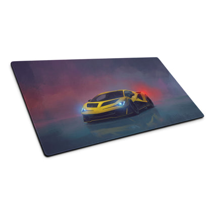 Vibrant yellow lamborghini revuelto inspired giallo gaming mousepad with high precision xl smooth surface and dark gradient background