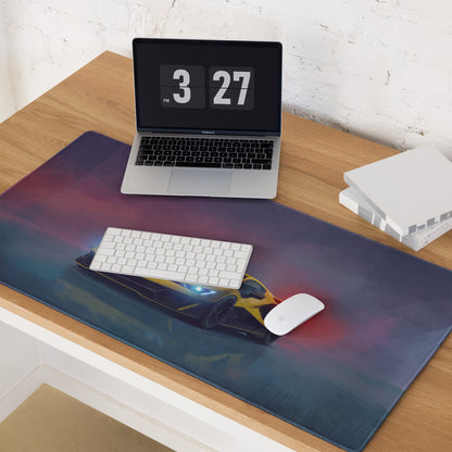 A sleek yellow and black Lamborghini Revuelto inspired xl gaming mousepad with vibrant race car graphic and gradient sky background