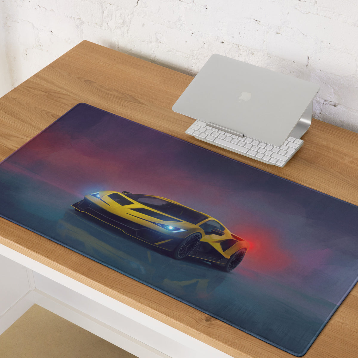 Yellow and black sports car graphic printed on a lamborghini revuelto inspired giallo xl gaming mouse pad