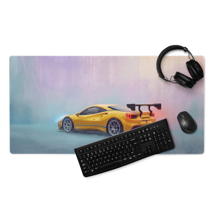 Yellow sports car graphic on a Ferrari 488 GT3 inspired non-slip rubber base gaming mousepad desk mat