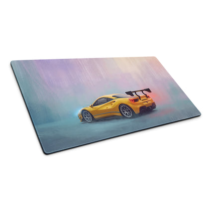 Yellow Ferrari 488 GT3 inspired motorsport desk mat with glossy surface and non-slip rubber base gaming mousepad
