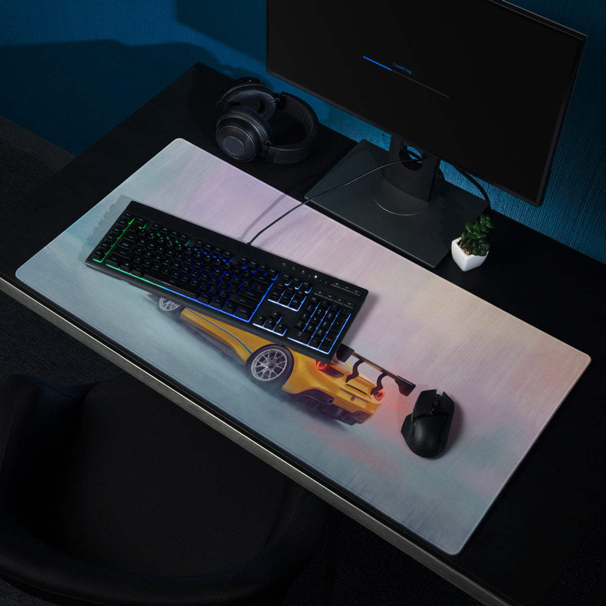 Ferrari 488 gt3 inspired motorsport desk mat with yellow sports car graphic non-slip rubber base gaming mousepad