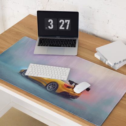 Yellow sports car graphic on a soft gradient ferrari 488 gt3 inspired non-slip rubber gaming desk mat