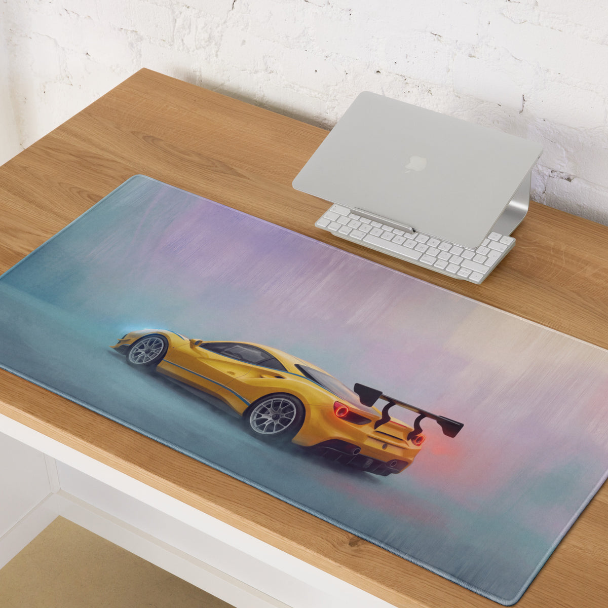 Yellow sports car graphic on ferrari 488 gt3 inspired non-slip rubber base gaming mousepad