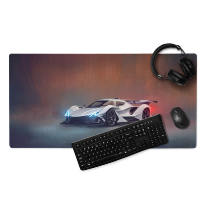 White futuristic sports car graphic on a rectangular ultra-glide xl gaming mouse mat inspired by apollo intensa emozione hypercar