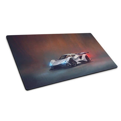 White futuristic race car graphic on sleek rectangular gaming mousepad with glowing blue and red accents