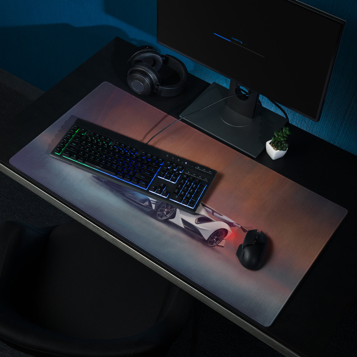 Apollo intensa emozione inspired hypercar gaming mousepad with high-resolution white sports car print and red lighting details